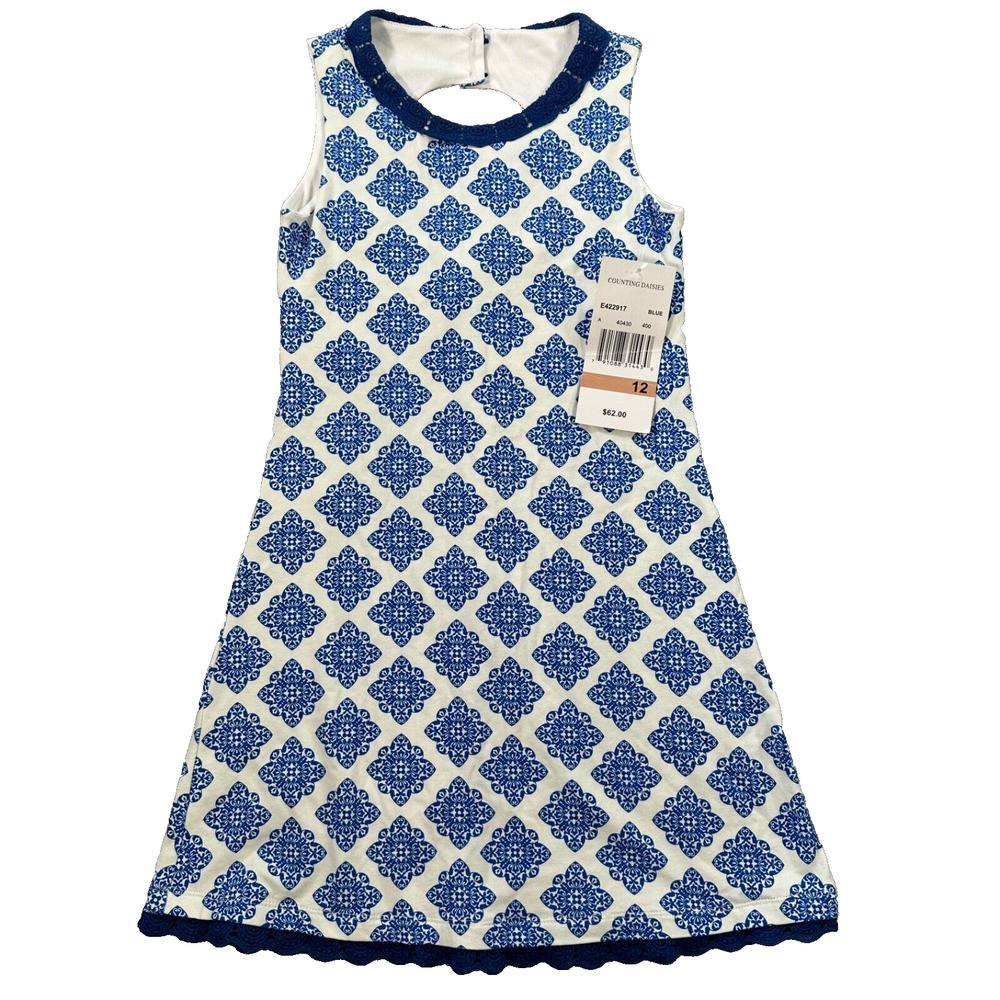 Counting Daisies Girls 12 Crochet Trim Keyhole Back Dress Blue White New